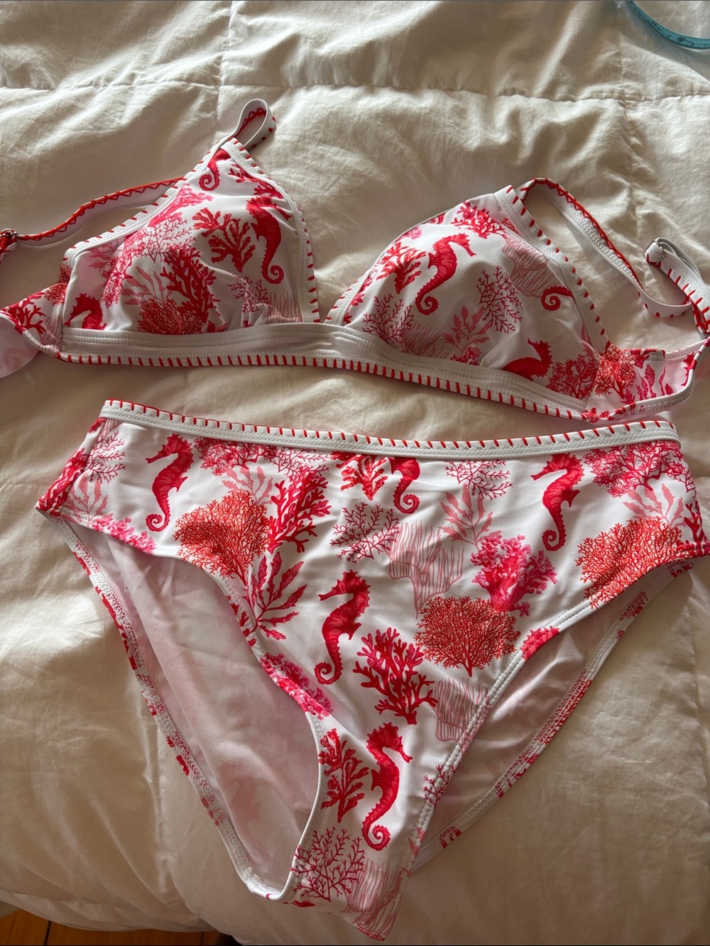 White & Coral Seahorse Bikini Bottoms and Top - Women Intimates & Sleepwear